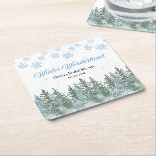 Snowy Winter Wonderland Snowflakes Bridal Shower Square Paper Coaster