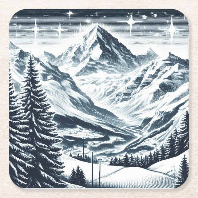 Snowy winter wonderland square paper coaster (Front)