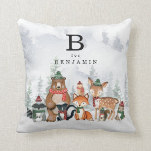 Snowy Winter Woodland Baby Animals Monogram Cushion