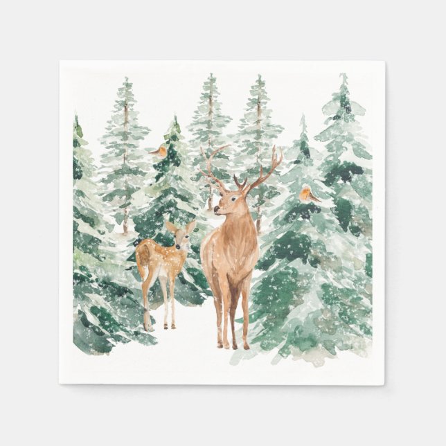 Snowy Winter Woodland Deer Christmas Napkin (Front)