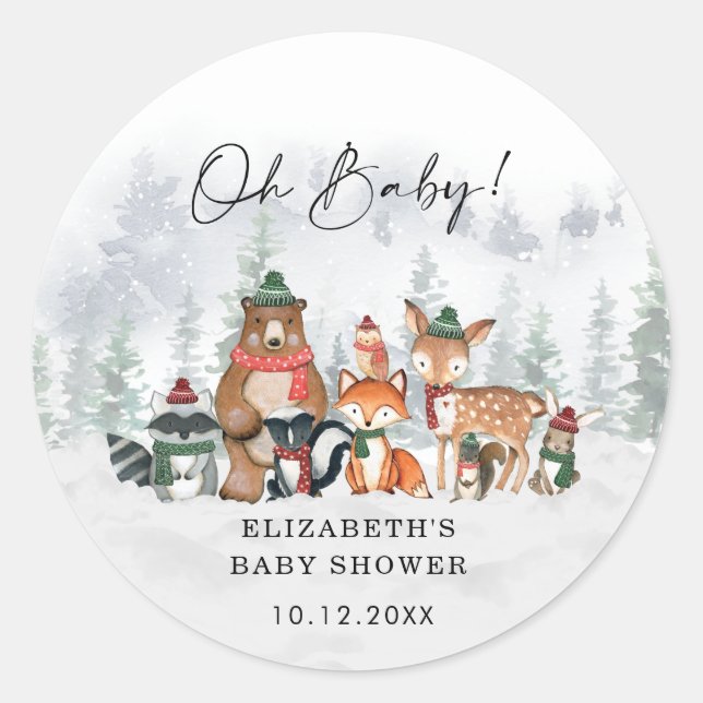 Snowy Winter Woodland Forest Boy Baby Shower Classic Round Sticker (Front)