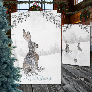 Snowy Winter Woodland Hare Watercolor Holiday Card