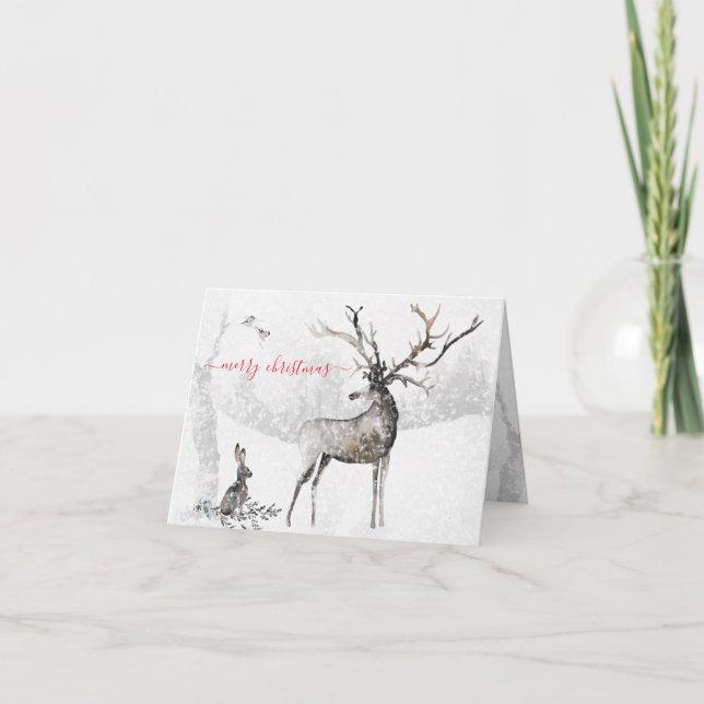 Snowy Winter Woodland Reindeer And Friends Holiday Card (Front)