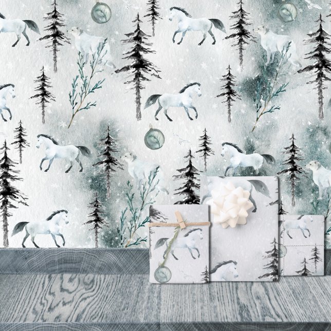 Snowy Winter Woodland White Horse & Arctic Fox Wrapping Paper Sheet (Snowy Winter Woodland White Horse & Arctic Fox Christmas Holiday Wrapping Paper Sheets Trio)