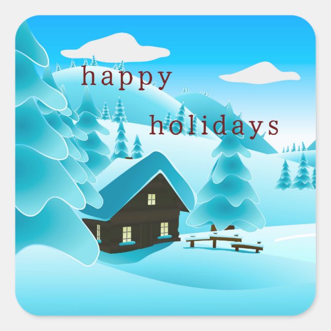 Snowy Winter Woods and Cabin "Happy Holidays" Cute Square Sticker (Front)