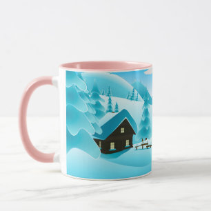 Snowy Winter Woods Cabin and Cute Snowman Mug