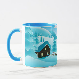 Snowy Winter Woods Cabin and Cute Snowman Mug
