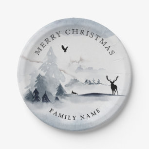 Snowy Winter Woods Mountains Merry Christmas Paper Plate