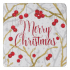Snowy Winterberries Merry Christmas Kitchen Trivet