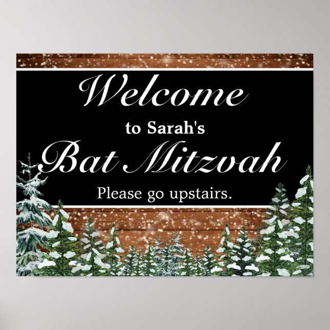 Snowy Wood & Forest Bar Bat Mitzvah Welcome Sign (Front)