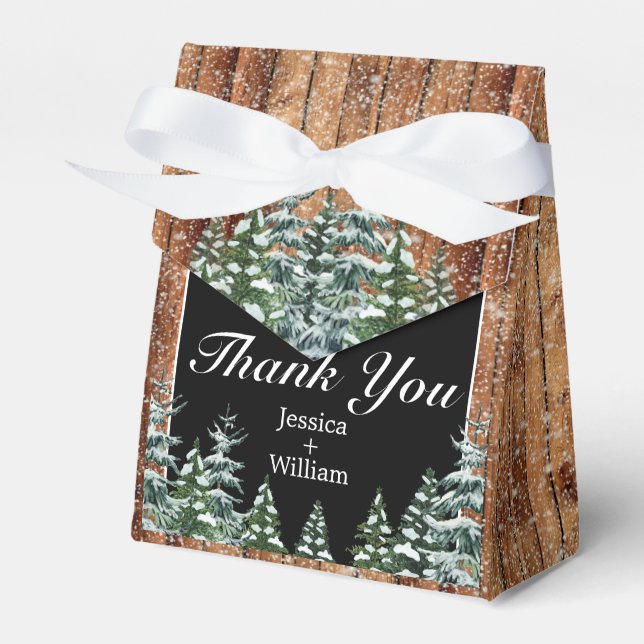 Snowy Wood & Forest Black Thank You Wedding Favour Box (Front Side)