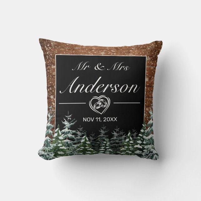 Snowy Wood & Forest Black Wedding Cushion (Front)