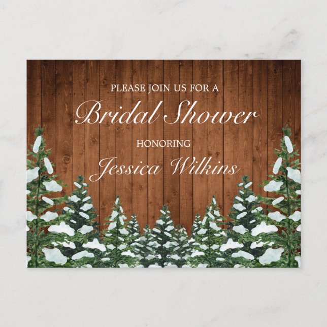 Snowy Wood & Forest Country Pine Bridal Shower Announcement Postcard (Front)