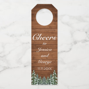 Snowy Wood & Forest Country Pine Cheers Wedding Bottle Tag