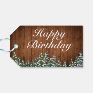 Snowy Wood & Forest Country Pine Happy Birthday Gift Tags