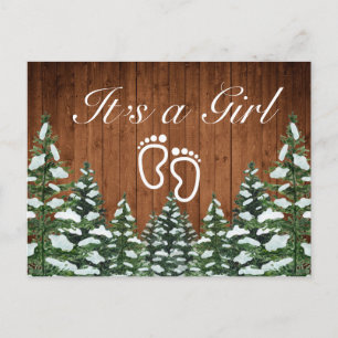 Snowy Wood & Forest Country Pine It's a Girl Announcement Postcard