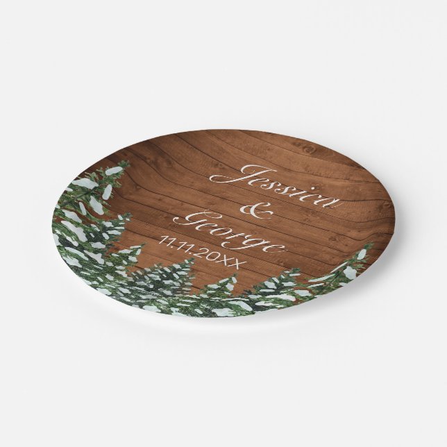 Snowy Wood & Forest Country Pine Wedding Paper Plate (Angled)