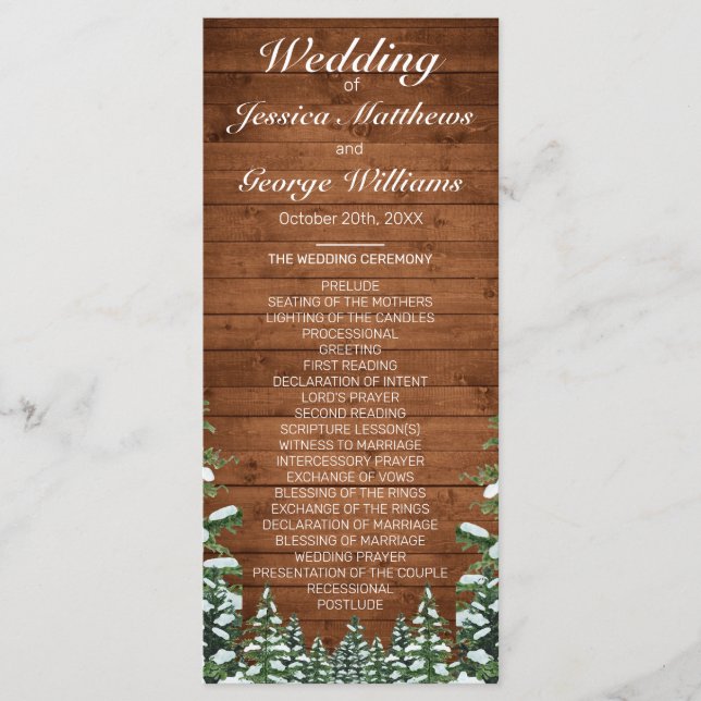 Snowy Wood & Forest Country Pine Wedding Program (Front)