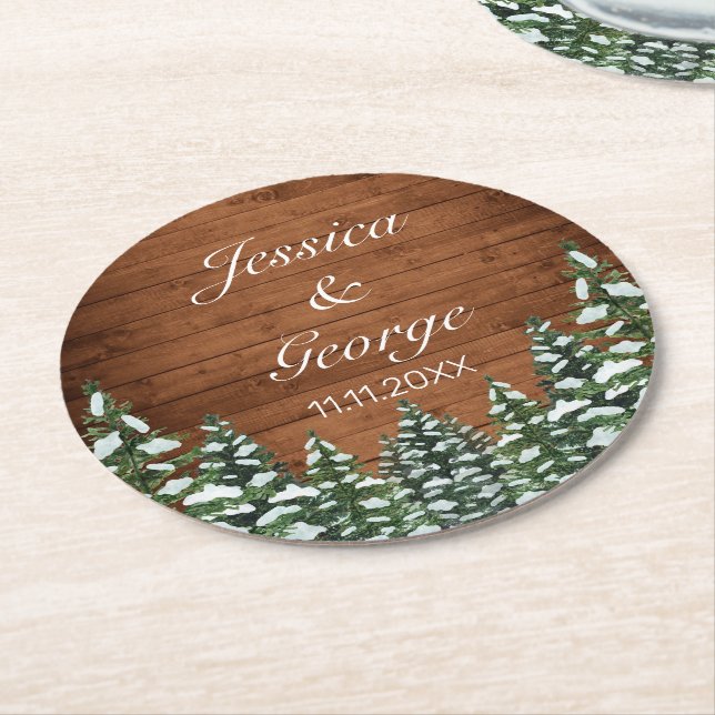 Snowy Wood & Forest Country Pine Wedding Round Paper Coaster (Angled)