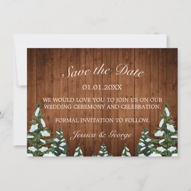 Snowy Wood & Forest Country Pine Wedding Save The Date (Front)