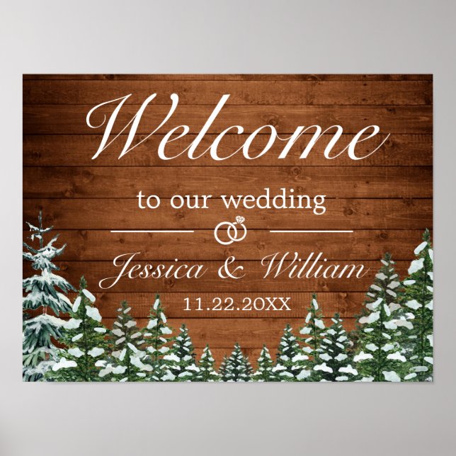 Snowy Wood & Forest Country Wedding Welcome Sign (Front)