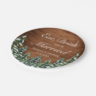 Snowy Wood & Forest Eat Drink Married Wedding Paper Plate