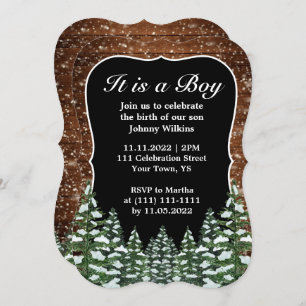 Snowy Wood Forest Pine Baby Boy Birth Celebration Invitation