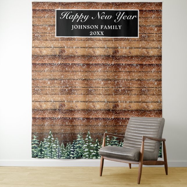 Snowy Wood & Forest Pine New Year Photo Background Tapestry (In Situ)