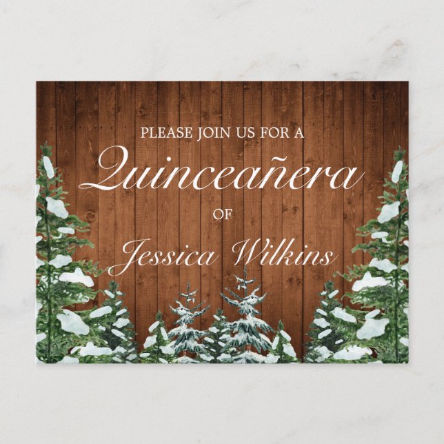 Snowy Wood Forest Quinceañera Invitation Postcard (Front)