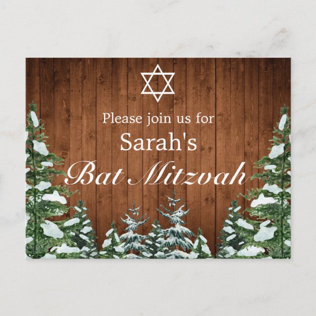 Snowy Wood & Forest Rural Pine Bar Bat Mitzvah Announcement Postcard (Front)
