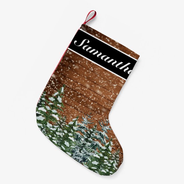 Snowy Wood & Forest Rural Pine Christmas Small Christmas Stocking (Front (Hanging))