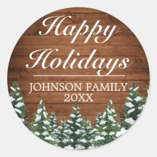 Snowy Wood & Forest Rural Pine Happy Holidays Classic Round Sticker