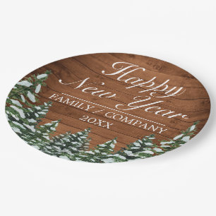 Snowy Wood & Forest Rural Pine Happy New Year Paper Plate