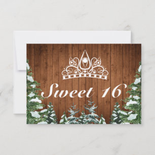 Snowy Wood & Forest Rural Pine Tiara Sweet 16 RSVP Card