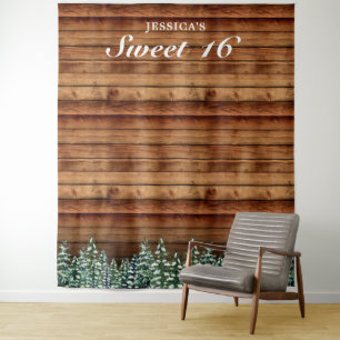 Snowy Wood Forest Rural Sweet 16 Photo Background Tapestry