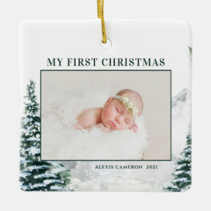 Snowy Woodland Baby's First Christmas Photo Cerami Ceramic Ornament