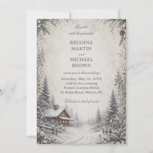 Snowy Woodland Cottage Rustic Invitation