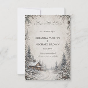 Snowy Woodland Cottage Rustic Save The Date