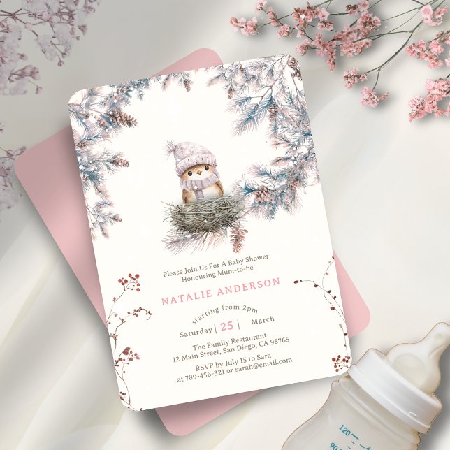 Snowy Woodland Dusty Pink Bird's Nest Baby Shower Invitation (Snowy Woodland Dusty Pink Bird's Nest Baby Shower Invitation)