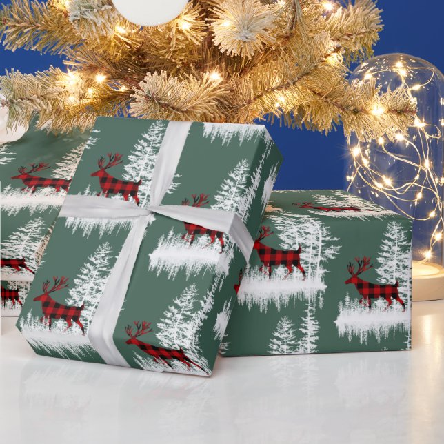 Snowy Woodland Forest Green Red Buffalo Plaid Deer Wrapping Paper (Holidays)