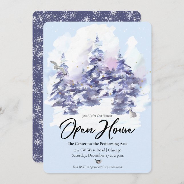 Snowy Woodland Forest Winter Open House Invitation (Front/Back)