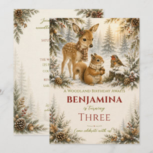 Snowy Woodland Friends Cosy Winter Birthday Invitation