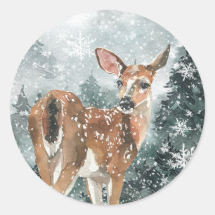 Snowy Woodland Mountain Forest Reindeer Classic Round Sticker