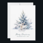 Snowy Woodland Pine Deer Merry Christmas Flat Holiday Card<br><div class="desc">An elegant watercolor baby deer is nestled in a rustic snowy winter pine tree. Merry Christmas is written in a simple script below, with an additional line below to customise the design further. All of the text on this card can be edited. There is a Christmas message for you to...</div>