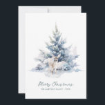 Snowy Woodland Pine Deer Merry Christmas Flat Holiday Card<br><div class="desc">An elegant watercolor baby deer is nestled in a rustic snowy winter pine tree. Merry Christmas is written in a simple script below, with an additional line below to customise the design further. All of the text on this card can be edited. There is a Christmas message for you to...</div>