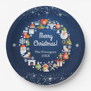Snowy Wreath Blue Christmas Holiday Party Paper Plate