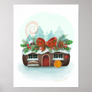 Snowy Yule Log Cabin Art Print