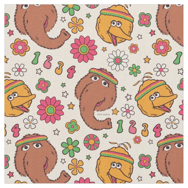 Snuffleupagus and Big Bird Groovy Flower Pattern Fabric (Close Up)