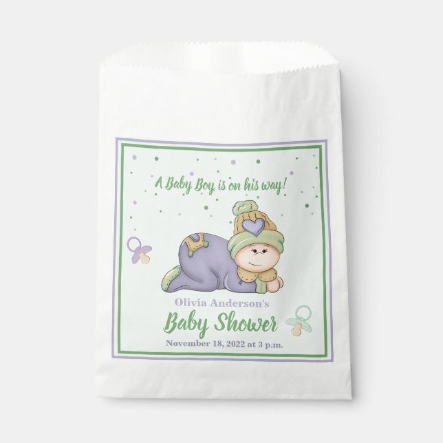 Snuggle Baby Boy - Green & Purple Baby Shower   Favour Bag (Front)