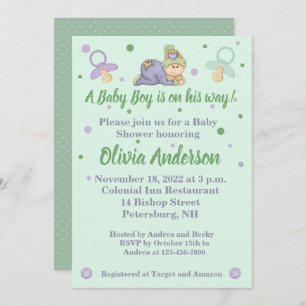 Snuggle Baby Boy - Green & Purple Baby Shower Invitation